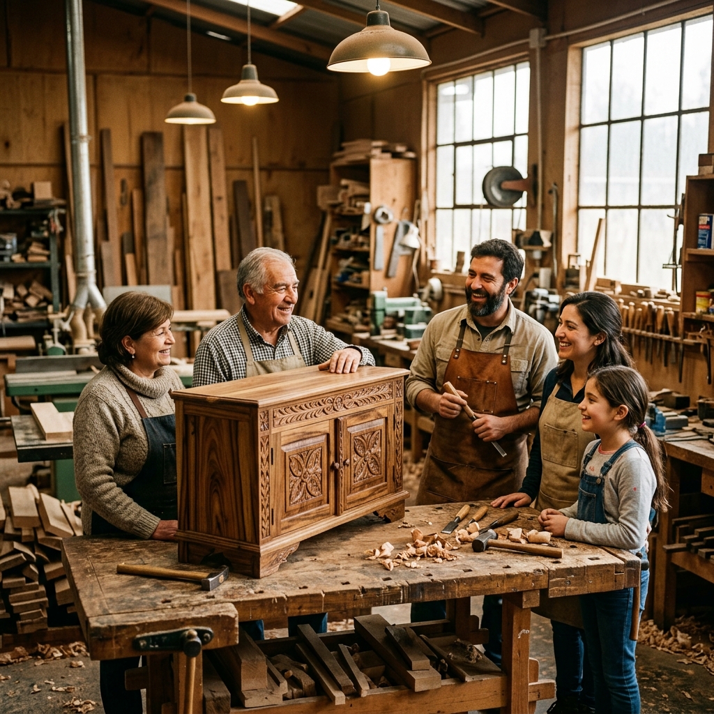 Familia artesana chilena en taller de mueblería
